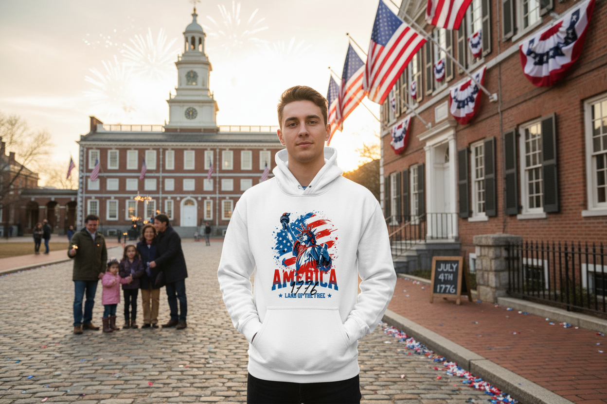 1776 Land of the Free Hoodie Lifestyle Image