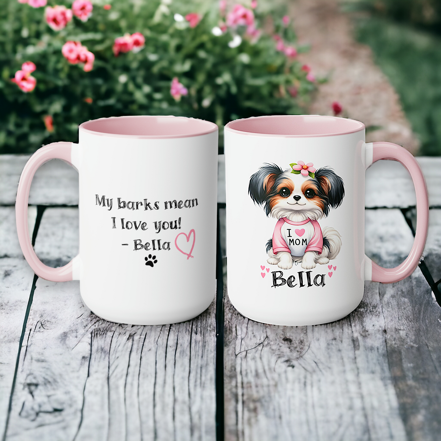 Personalized Dog Mug, I Love Mom. The perfect customized pet gift for the dog loving mom on Mother's Day.