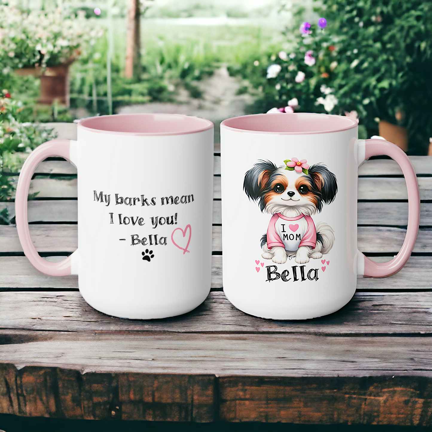 Personalized Dog Mug, I Love Mom. The perfect customized pet gift for the dog loving mom on Mother's Day.