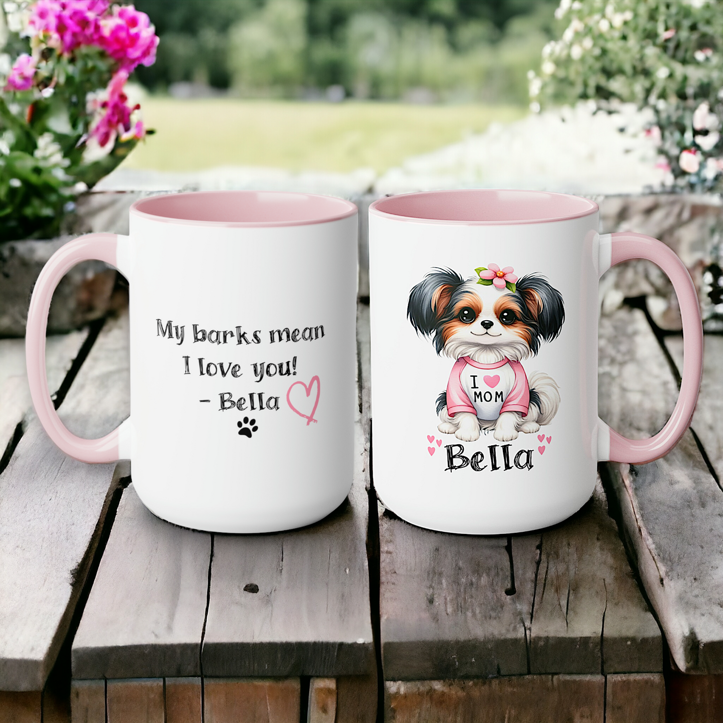 Personalized Dog Mug, I Love Mom. The perfect customized pet gift for the dog loving mom on Mother's Day.