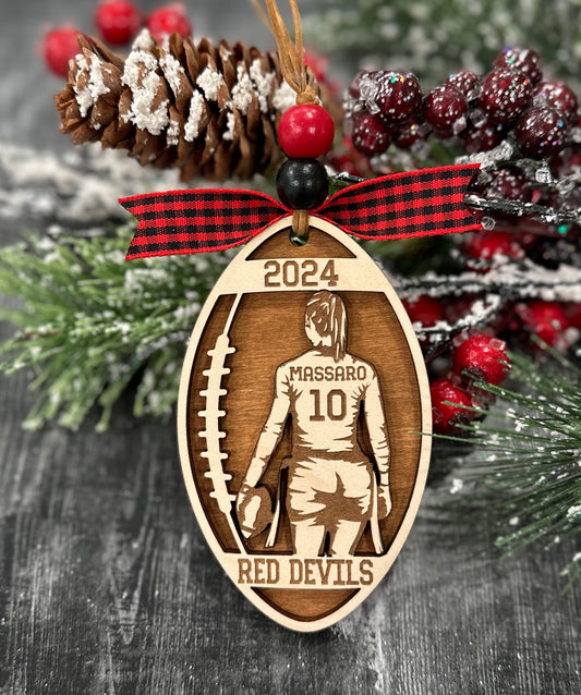 Personalized Flag Football Girl Christmas Ornament with player jersey number, name, team name, and year. The perfect Christmas gift.