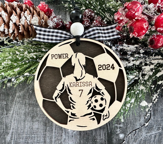 Personalized Soccer Girl Christmas Ornament with player jersey number, name, team name and year. The perfect Soccer lovers Christmas gift.