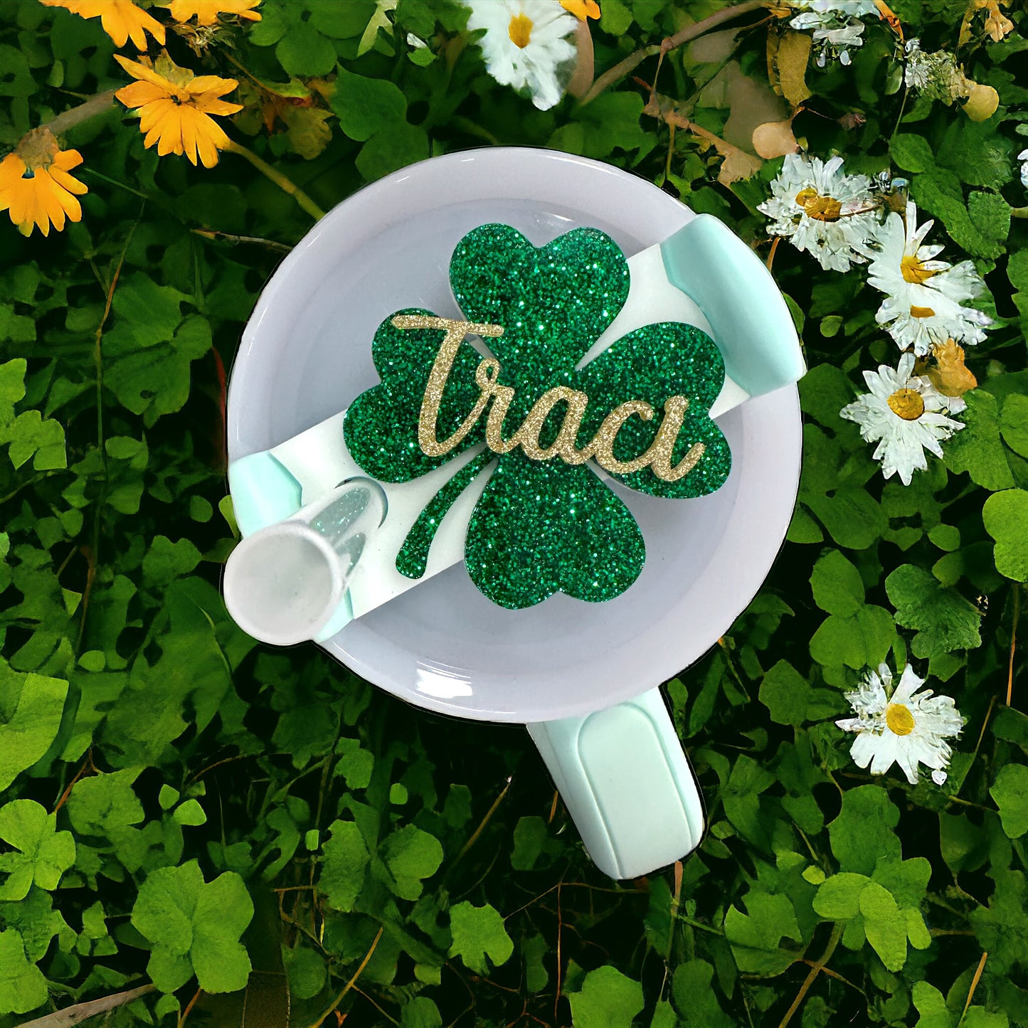 St. Patrick's Day Nameplate Topper with charms - The perfect Stanley tumbler personalized accessories gift.