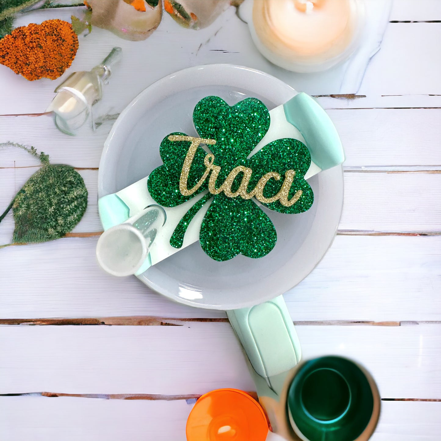 St. Patrick's Day Nameplate Topper with charms - The perfect Stanley tumbler personalized accessories gift.