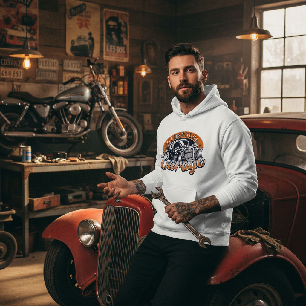 Old School Garage Hoodie Lifestyle Image